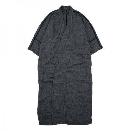 SASHIKO LINEN PREMIUM YABO YUKATA BLACK - décontracté, rustique, 75% coton, 25% lin, manteau long, robe, Porter Classic